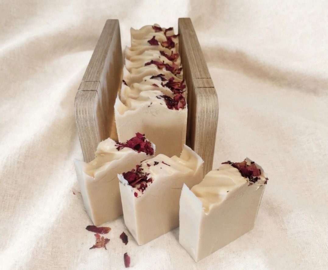 Pink kaolin clay soap with rose petals